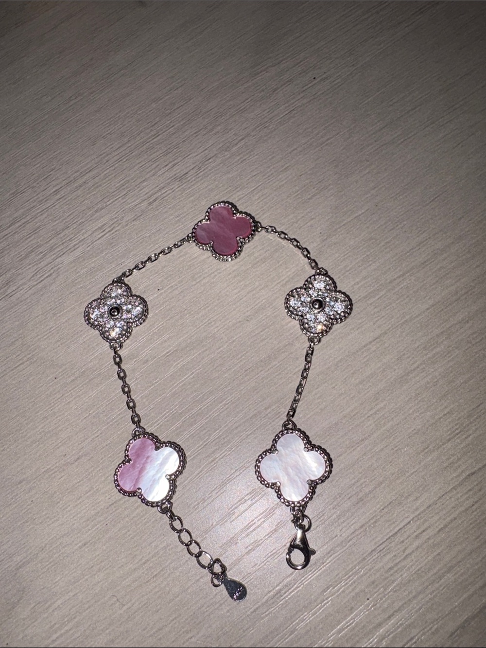 Sterling silver Pink Mother-of-Pearl ,moissanite  Clover Bracelet